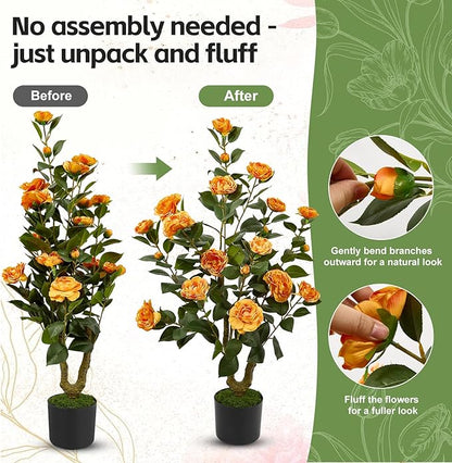 40" Artificial Camellia Tree 2 Pack,Faux Floral Plant Fake Trees with Orange Blooming Flowers,Artificial Plants Greenery Potted Plant for Outdoor Indoor Home Porch Decor