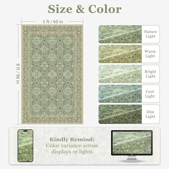 Sage Green 5x8 Area Rug, Non Slip Washable Rugs for Living Room Bedroom Low Pile Thin Soft, Boho Floral Moroccan Pattern Printed Carpet Rug for Nursery Playroom Dining Room Home Office