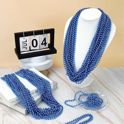 YAXINRUI 12 PCS Blue Bead Necklaces, Mardi Gras Christmas Bead Necklaces, Blue Patriotic Necklace, 33 Inch Round Beaded Necklaces for Mardi Gras Christmas 4th of July Festive Events