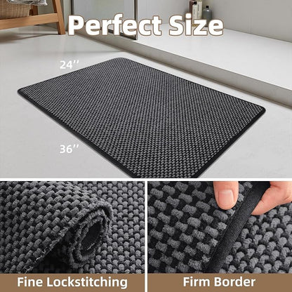 PADOOR-Bath Mat-Super Absorbent Chenille Bathroom Mats-Rubber Backed Bath Mats for Bathroom Non Slip, Easy Clean Bathroom Rugs Front of Bathtub,Shower Room,Sink-24×36, Darkgrey&Black