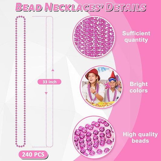 240PCS Pink Beads Necklace, 33" Breast Cancer Awareness Accessories Bulk, Mardi Gras Pink Beaded Necklace, Festival Parade Throw Accessories for Wedding Birthday Gender Reveal Party Supplies