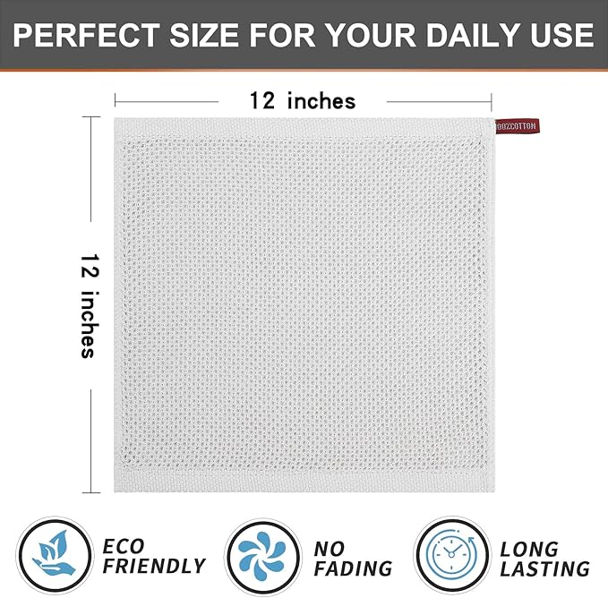 Kitinjoy 100% Cotton Kitchen Dish Cloths, 8 Pack Waffle Weave Ultra Soft Absorbent Dish Towels for Drying Dishes Quick Drying Kitchen Towels Dish Rags, 12 X 12Inch, Light Grey