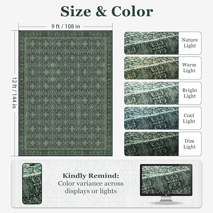 Jainmy Dark Green Vintage Living Room Rug 9x12, Boho Floral Moroccan Pattern Printed Large Area Rugs for Bedroom, Washable Non Slip Low Pile Thin Carpet Rug for Dining Room Under Table