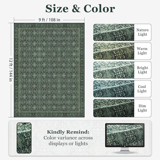 Jainmy Dark Green Vintage Living Room Rug 9x12, Boho Floral Moroccan Pattern Printed Large Area Rugs for Bedroom, Washable Non Slip Low Pile Thin Carpet Rug for Dining Room Under Table
