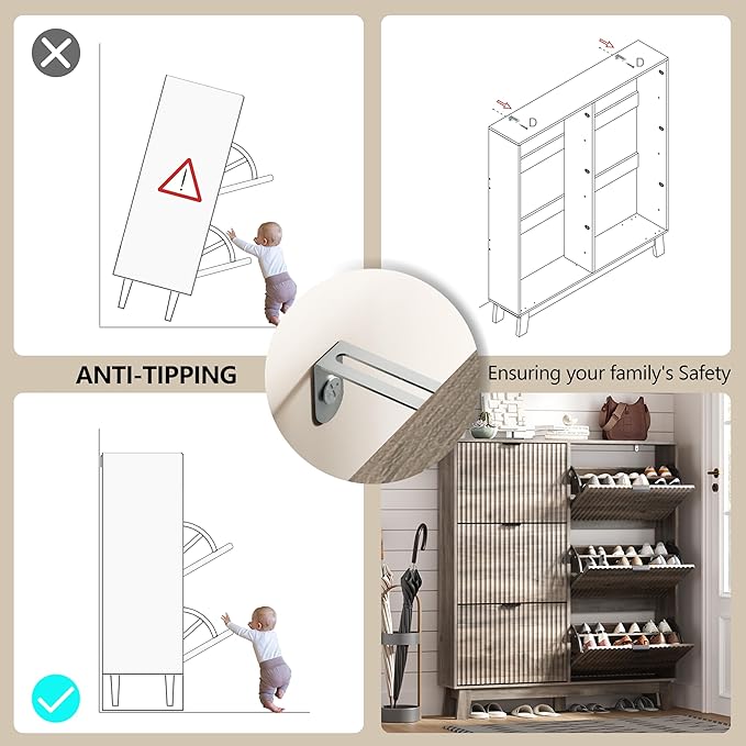 Shoe Cabinet Storage for Entryway with 6 Flip Drawers, Fluted Narrow Shoe Organizer with Wooden Legs, Freestanding Slim Shoe Storage Hidden Shoe Rack Organizer for Front Door Entrance, Grey