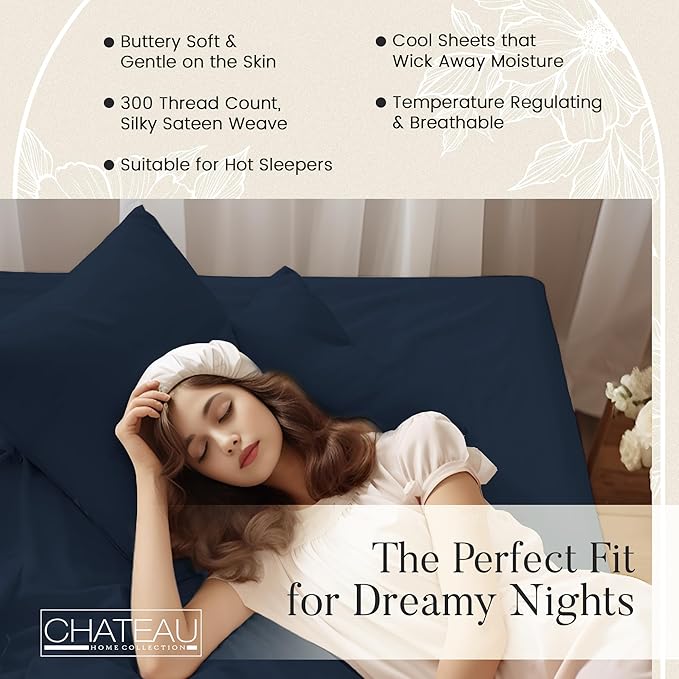 100% Organic Cotton Sheets For King Size Bed, 300 Thread Count Deep Pocket King Sheet Set, Elasticated Sheet & Pillowcase Sets, No Pill & Shrink, Soft & Comfy Naturally Cool & Breathable- Navy