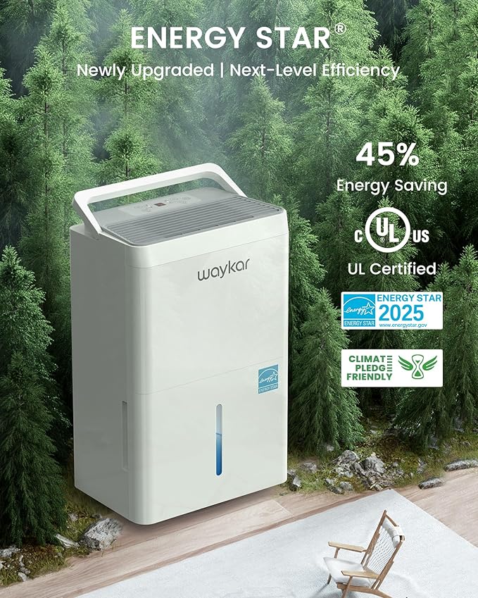 Waykar 80 Pint 2025 Energy Star Dehumidifier for Home, Basement, Large Rooms up to 5,000 Sq. Ft. - Auto Defrost, Ultra Quiet(40 dB), Auto Comfort Mode, with Drain Hose & Water Tank