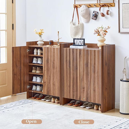 Fluted Shoe Cabinet, 5-Tier Shoe Storage Cabinet with Doors,Freestanding Hidden Shoe Cabinet Organizer, Narrow Shoes Storage Rack for Entryway (Walnut)