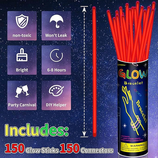 150 Pack 8” Red Glow Sticks Bulk with 150 Connectors Neon Glow In The Dark Party favors Supplies for Holiday Birthday Party Decoration (Red)