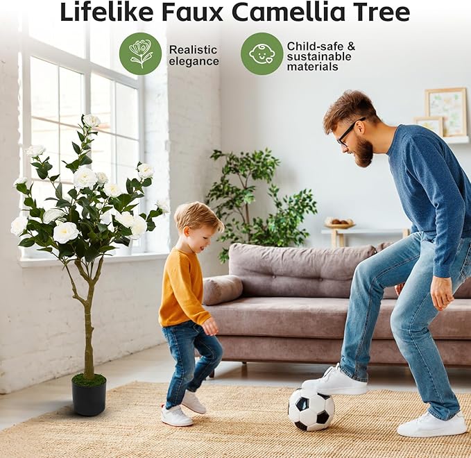 47" Artificial Camellia Tree,2 Pack Fake Flower Plants Artificial Tree with Greenery Leave, Faux Plants with White Flowers for Summer Modern Office Outdoor Outside Decor Front Door
