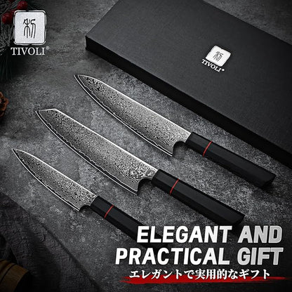 TIVOLI Damascus Knife Set 3PCS, Japanese Kitchen Knife With VG10，Ultra Sharp Cooking Knife Set With Octagonal Handle，Professional Chef Knives Set for Meat Vegetable Fruit, Ideal Gift for Dad，Mom