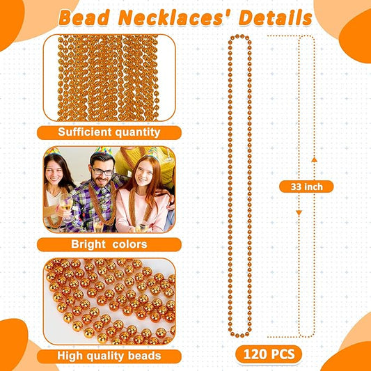 Beaded Necklace, 120 PCS Mardi Gras Accessories, 33" Orange Mardi Gras Beads, Costume Bead Necklace, Party Parade Throws Bulk for Xmas Pirate Birthday Halloween Party Supplies