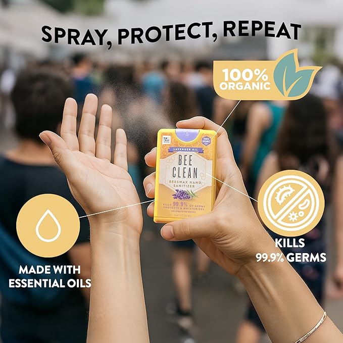 Organic Beeswax Hand Sanitizer Spray - 4-Pack (Lavender Oil), Travel Size Mist Spray with Organic Ethyl Alcohol, Moisturizing and Refreshing with Essential Oils, Non-Toxic, Made in the USA