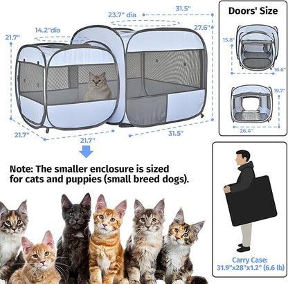 EighteenTek 2-in-1 Portable Cat Playpen, Detachable into 2 Separate Cages with Additional 2 Doors, Pop up Pet Play Pen Cat Tent House, Foldable Puppy Enclosure Kitten Crates Indoors Outdoor(Grey)