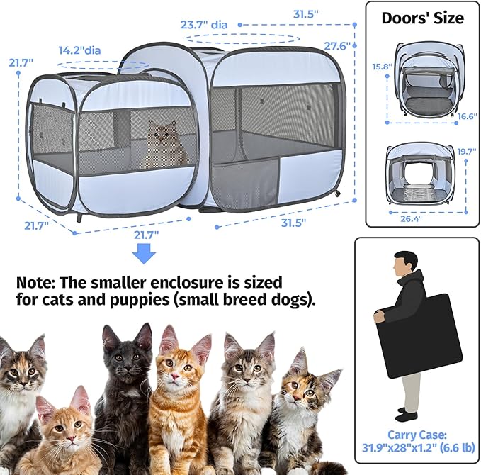 Pop up Portable Cat Playpen 2-in-1 Dog Playpen, No Assembly Need, Pet Cat Dog Tent Crates Kennel Cage, Cats Enclosure for Kitten and Puppy Indoor Outdoor Use(No Divider, Unified Space)