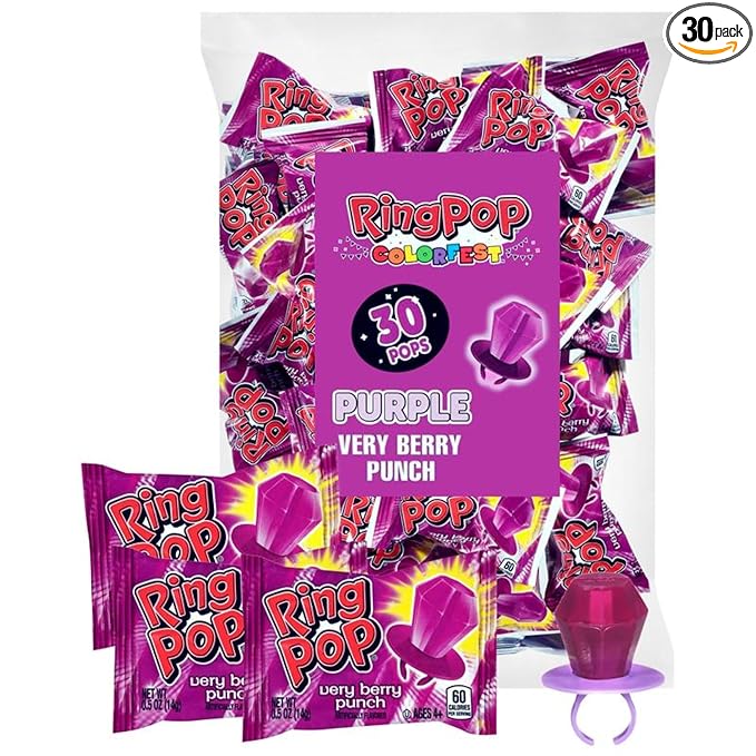 Ring Pop Purple Valentine's Candy Lollipops, 30Ct Bulk Individually Wrapped in Very Berry Punch Flavor, Full Size, Fun Hard Candy For Birthday Parties, Valentine's Gifts, Goodie Bags, Party Favors