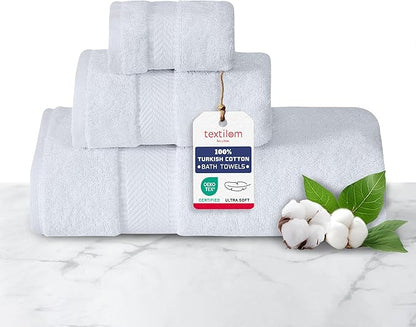 TEXTILOM 100% Turkish Cotton 3 Pcs Bath Towel Set, Luxury Bath Towels for Bathroom, Soft & Absorbent Bathroom Towels Set (1 Bathtowel, 1 Hand Towel, 1 Washcloth)- White