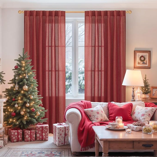 YoungsTex Burgundy Red Linen Curtains 80 Inch Length for Living Room, Light Filtering Semi Sheer Drapes with Back Tab Rod Pocket for Christmas Bedroom Dining Room, 2 Panels, 52 X 80 Inch