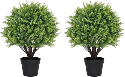 24" Artificial Cedar Topiary Trees Set of 2 – UV Resistant Faux Cypress Pine Plants for Outdoor Planters, Realistic Fake Bushes and Shrubs for Front Porch, Patio Christmas Decor – 2ft Tall