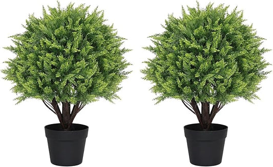 24" Artificial Cedar Topiary Trees Set of 2 – UV Resistant Faux Cypress Pine Plants for Outdoor Planters, Realistic Fake Bushes and Shrubs for Front Porch, Patio Christmas Decor – 2ft Tall