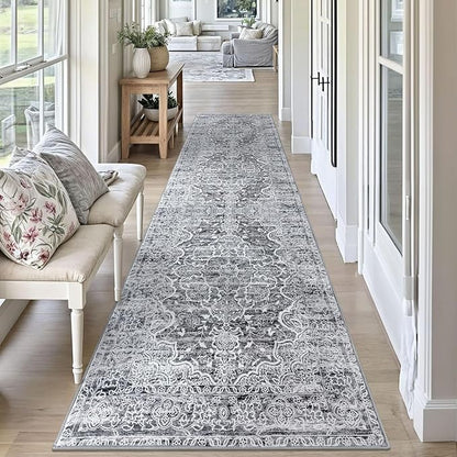KUTA Vintage Kitchen Runner Rug, 2.6x10 Vintage Grey Blue White Washable Hallway Rugs Non-Slip Ultra Soft Printed Floral Medallion Farmhouse Floor Carpet for Bedroom Living Room Nursery
