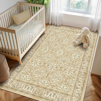 Boho Neutral 6x9 Area Rug, Non Slip Washable Rugs for Living Room Bedroom Low Pile Thin, Floral Moroccan Pattern Printed Carpet Rug for Dining Room Home Office Nursery Playroom, Warm Beige