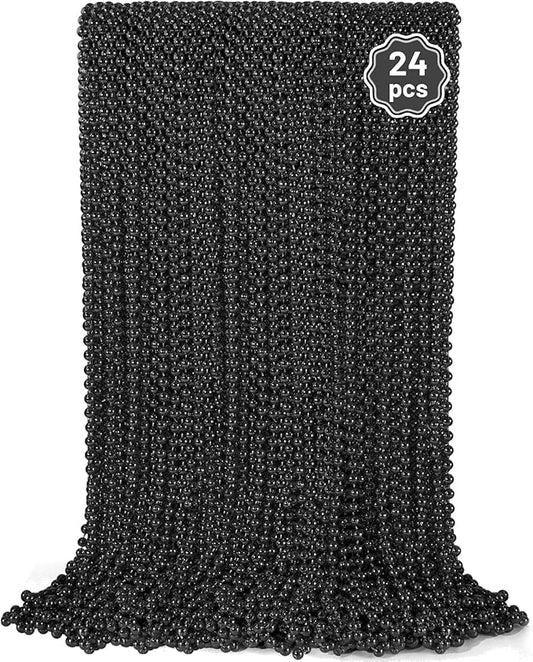 YAXINRUI 24 PCS Black Bead Necklaces, Black Mardi Gras Beads, Halloween Beads Necklaces, New Year Eve Necklaces, 33 Inch Black Beaded Necklaces for Mardi Gras Christmas Halloween Festive Events