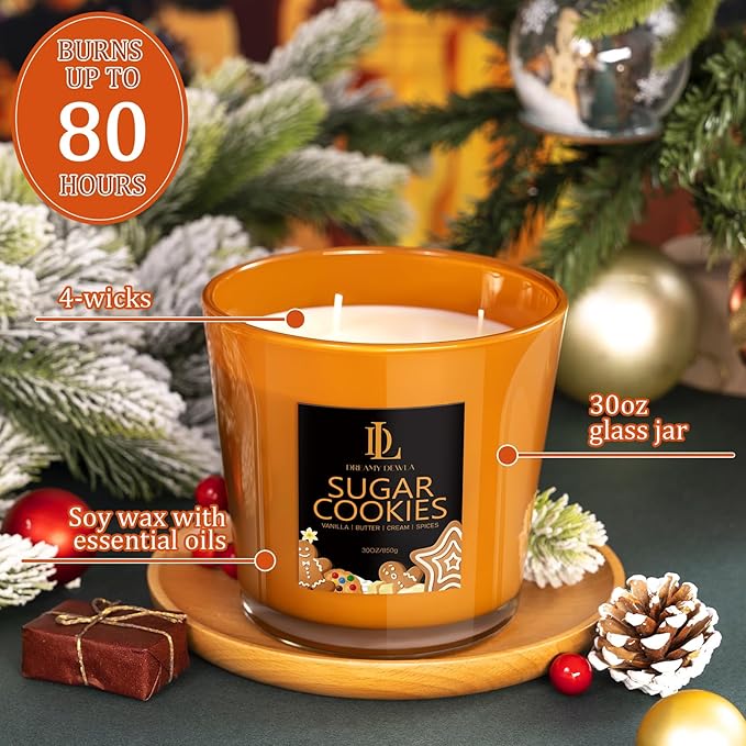 Large Christmas Candle Sugar Cookie Scented, 4 Wick Natural Soy Candles for Home Scented, 30oz Big Scented Candle Long Lasting, Holiday Baking Fragrance Home Kitchen Christmas Gift for Women Men