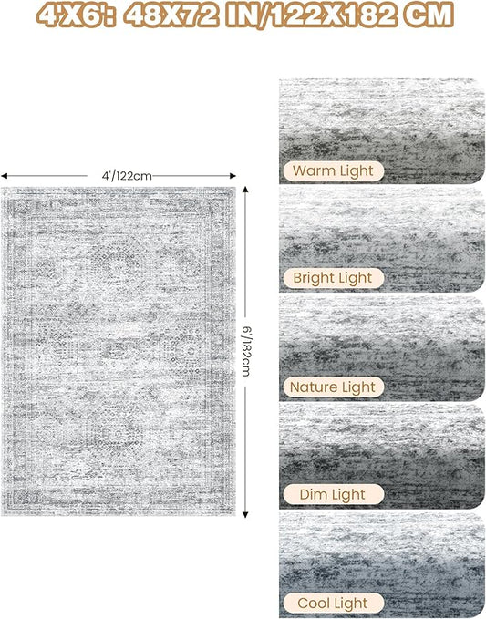 Area Rugs 4x6 for Living Room, Non-Slip Backing Small Kids Rugs for Bedroom, Vintage Abstract Rug Home Decor, Low Pile Soft Washable Rug for Kitchen, Dining Room (4'x6', Grey/Ivory)