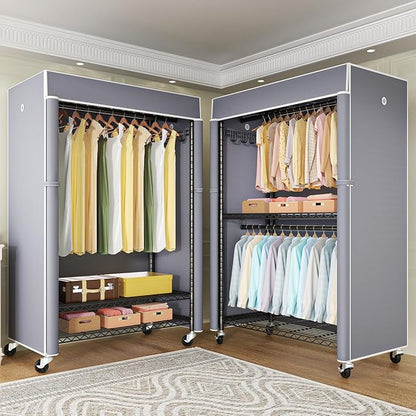 Black Clothing Rack with Grey Cover, P1C Plus Rolling Closets with Wheels, Metal Garment Rack for Hanging Clothes, Clothing Storage Wardrobe, 46" W x 18.5" D x 80.7" H, Load 524 Pounds