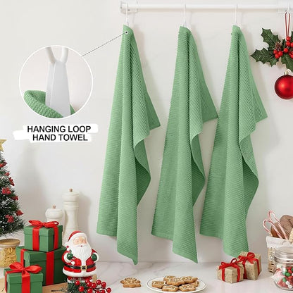 Homaxy Premium Kitchen Towels (18"x 28", 8 Pack), Large 100% Cotton Kitchen Hand Towels, Ultra Absorbent Ribbed Terry Tea Towels Set with Hanging Loop, Grass Green