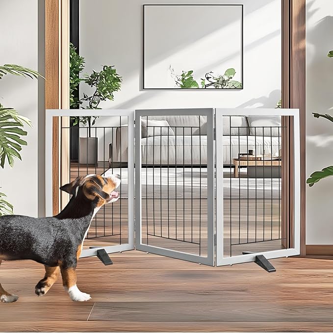 ZJSF Freestanding Dog Gate Indoor, Foldable Dog Fence for Doorways,Hallways or Stairs, Sturdy Wood Extra Wide Pet Gate with Support Feet,Grey,32 "Height-3 Panels