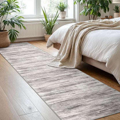KOZYFLY Modern Abstract Washable Rug Runner 2x8 Hallway Runner Rug Non-Slip Soft Kitchen Runner Rugs, Print Grey-Beige Striped Carpet Runner for Entryway Bathroom Laundry Room Foyer