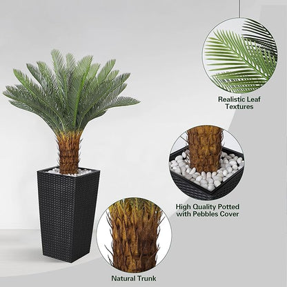 4FT Artificial Cycas Tree, Faux Sago Palm Tree with Planter, Decorative Rocks, Fake Palm Tropical Plant with Authentic Leaves and Trunk for Home Office Patio Porch Decor(Black)