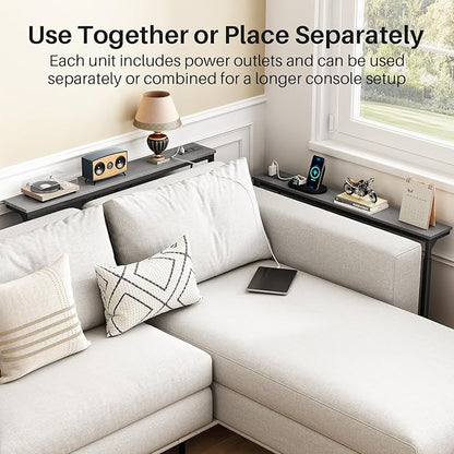 Kitstorack 2-Pack Dark Gray Long Sofa Table Behind Couch, Adjustable Height (25"-33") & 2 Power Outlets, Narrow Console Table, 5.9" D x 79" L, Thin, Split Design for Separate Use