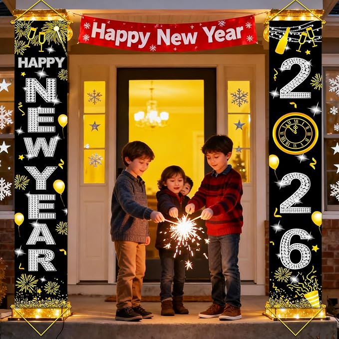 Upgraded, Ideal New Years Eve Party Supplies 2026, 300D Premium New Year Banner, Large 71x12in (with 2pcs Golden hanging rod) (Classic Diamond Style Design) HD Printing, Perfect for NYE Decorations