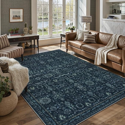 Lahome Navy Blue Boho Area Rugs 5x7,Washable Rugs for Bedroom,Dark Academia Vintage Carpet for Office,Rubber Backed Living Room Carpets for Dorm Dining Room Apartment