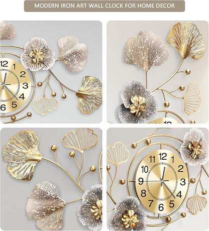 Clocks for Living Room, Large Wall Clock, Silent Wall Clock, Retro Metal Ginkgo Leaf Design, for Bedroom Kitchen Decorative Wall Clocks（47''x23'' ）