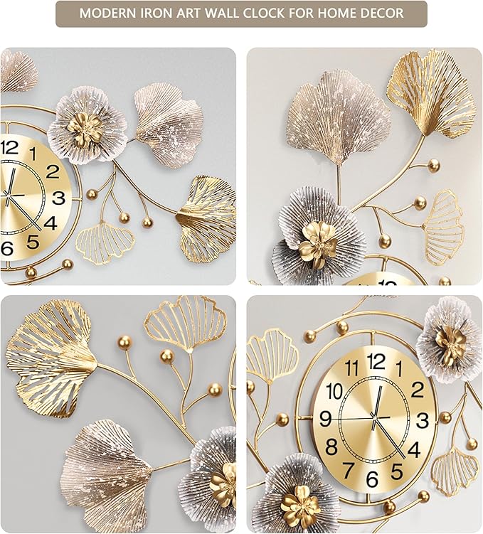 Clocks for Living Room, Large Wall Clock, 3D Silent Wall Clock, Retro Metal Ginkgo Leaf Design, for Bedroom Kitchen Decorative Wall Clocks（35''x20'' ）