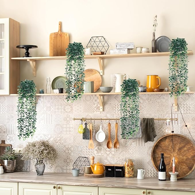 4pcs Artificial Hanging Eucalyptus Plants，Fake Plants Eucalyptus Small Decor Faux Hanging Vine Plants Wall Greenery for New Home Decoration，for Floating Shelf Indoor Outdoor