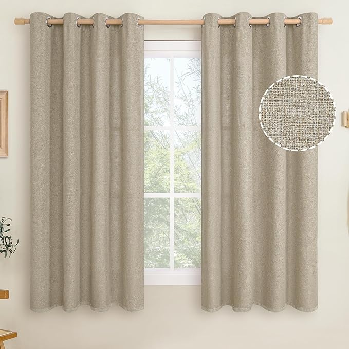 LAMIT Taupe Linen Textured Curtains 63 inches Long for Bedroom, Grommet Thermal Insulated Thick Curtains Burlap Light Filtering Panels for Living Room/Farmhouse, Set of 2 Panels, W52 x L63