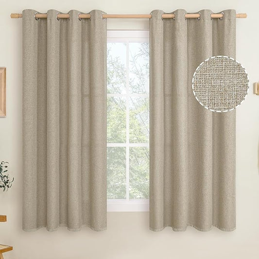 LAMIT Taupe Linen Textured Curtains 63 inches Long for Bedroom, Grommet Thermal Insulated Thick Curtains Burlap Light Filtering Panels for Living Room/Farmhouse, Set of 2 Panels, W52 x L63