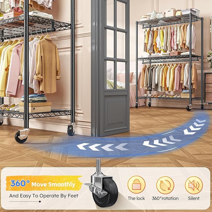 Raybee Clothes Rack, 81" H Clothing Racks for Hanging Clothes, Garment Rack with Wheels and Adjustable Feets, Max Load 440LBS, Black