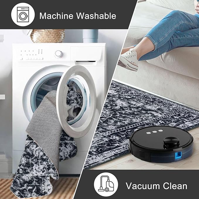 KILOCOCO Washable Runner 2x5 Rug Runner Printed Vintage Floral Kitchen Runners Non-Slip Rubber Backed Runners for Hallways Distressed Thin Soft Rugs for Entryway Laundry Room, Black/Navy/White