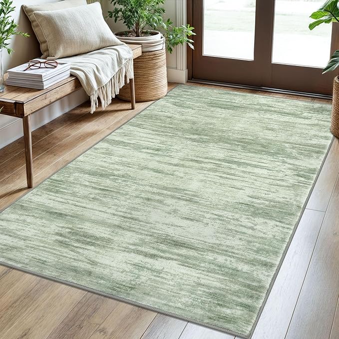 3x5 Modern Abstract Area Rug for Entryway, Light Sage Green and Ivory Super Soft Washable Rug with Non-Slip, Low-Pile Door Mat Indoor for Living Room Bedroom, Carpet with Non-Shedding