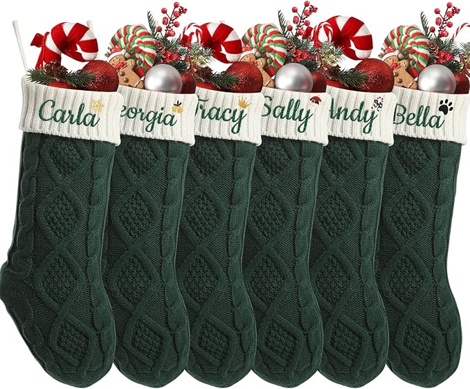 Personalized Christmas Stockings,Custom Embroidered Name+Logo Xmas Knitted Stockings 18'',Holiday and Family Stocking for Fireplace Christmas Holiday Party Decoration 1-6Pack（Green White）