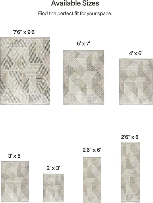 ReaLife Rugs Machine Washable Area Rug Runner - Living Room Bedroom Bathroom Kitchen Entryway Office - Padded Low Pile Stain Resistant Premium - Modern Geometric Contemporary - Miles - Beige 3' x 5'