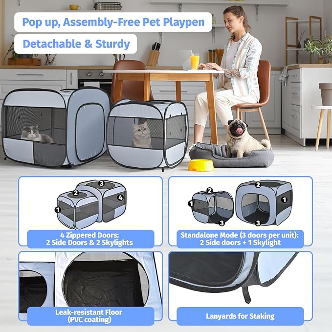 EighteenTek 2-in-1 Portable Cat Playpen, Detachable into 2 Separate Cages with Additional 2 Doors, Pop up Pet Play Pen Cat Tent House, Foldable Puppy Enclosure Kitten Crates Indoors Outdoor(Grey)
