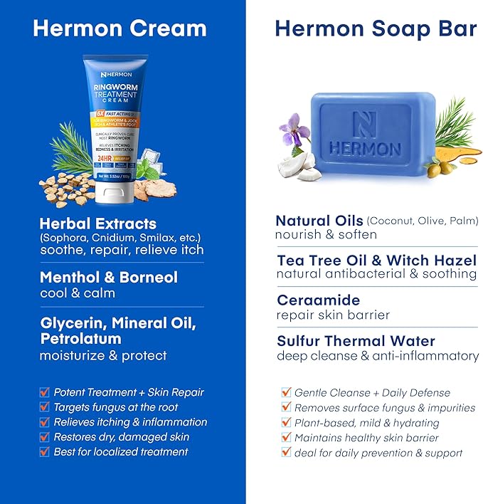 Hermon Ringworm Treatment Anti-fungal Kit - RingWorm Treatment for Humans 3.52 oz cream 4 oz soap bar for Ringworm, Athlete's Foot, Jock Itch, Eczema, Tinea - for Adults and Kids