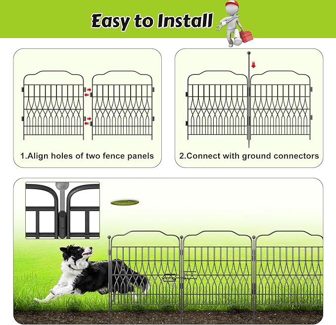 Bepatio 10 Panels Garden Fence Border with Latch, 24in (H) x 20ft (L) Dog Fence Outdoor for Yard, Arc Metal Fencing Panels, Durable Animal Barrier Fencing for Outdoor, Patio, Flower Bed